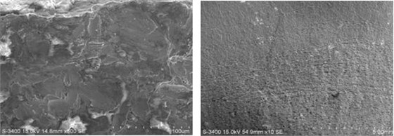 圖11-3 疲勞源區(qū)電鏡形貌圖11-4 疲勞裂紋擴(kuò)展區(qū)宏觀(guān)形貌