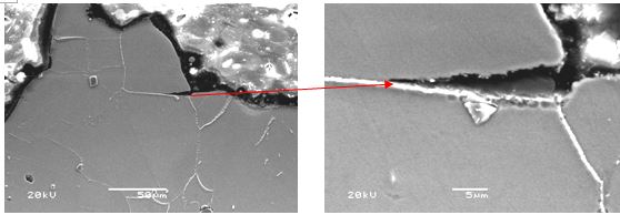 圖9-92 螺栓沿晶開(kāi)裂的形貌 圖9-93 沿晶開(kāi)裂放大