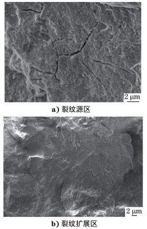圖３ 裂紋源區(qū)及擴展區(qū)的沿晶二次裂紋形貌